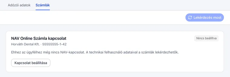 Egy ügyfél Számlák füle: a NAV Online Számla kapcsolat állapota Nincs beállítva, mellette a Kapcsolat beállítása gomb
