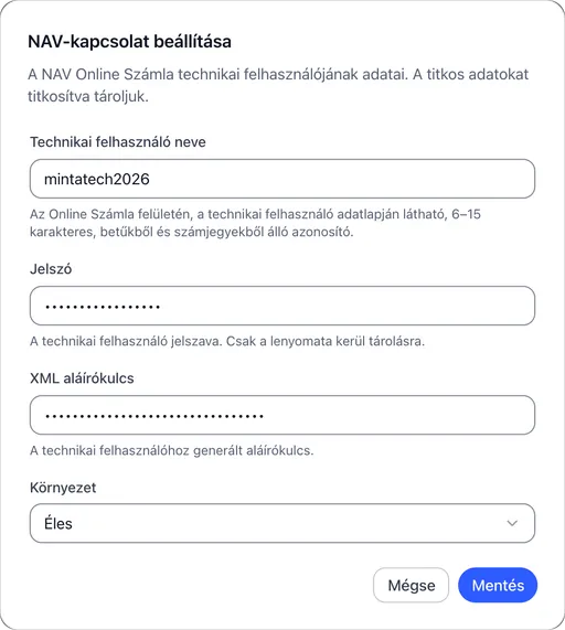 A NAV-kapcsolat beállítása ablak: technikai felhasználónév, maszkolt jelszó és XML aláírókulcs, Éles környezet, Mégse és Mentés gomb
