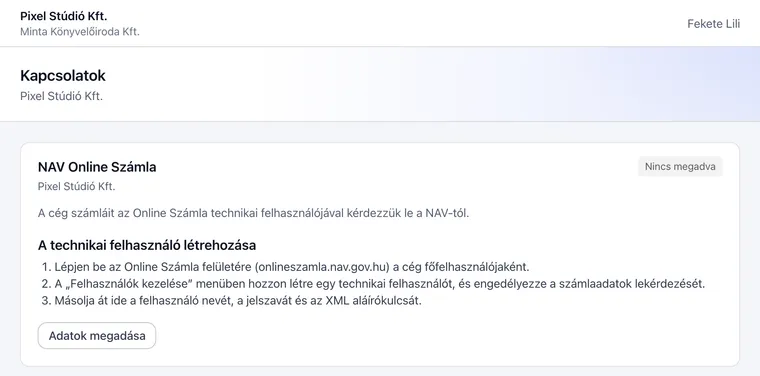 Az ügyfélportál Kapcsolatok oldala: NAV Online Számla kártya Nincs megadva állapottal, háromlépéses útmutatóval és Adatok megadása gombbal