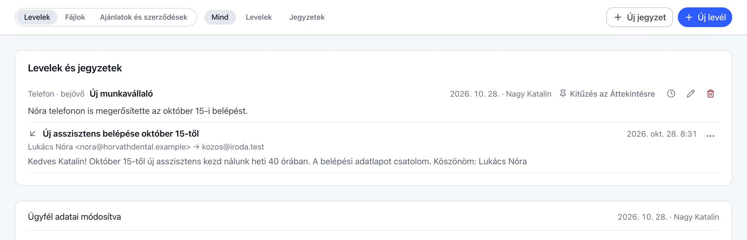 Egy kitalált ügyfél lapja a Levelek és iratok füllel: az ügyfélhez sorolt levelek és a feltöltött iratok