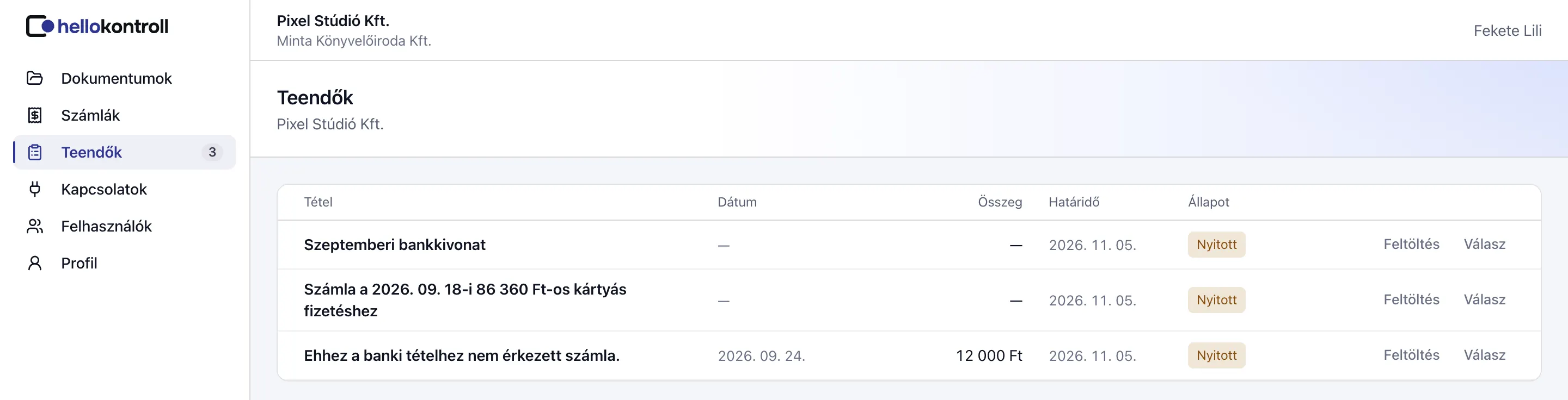 Az ügyfélportál Hiánylistája az ügyfél nézetében: egy kitalált ügyfél nyitott kérései, bankkivonat és számla